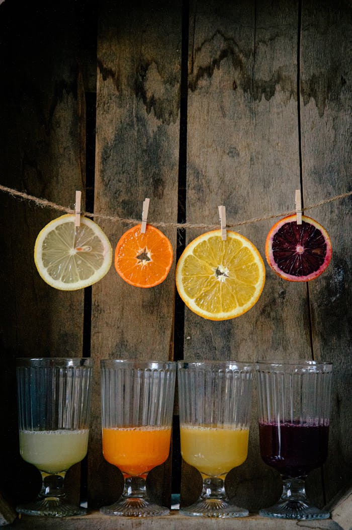 Vibrant citrus juices and sliced fruits on rustic wooden background.